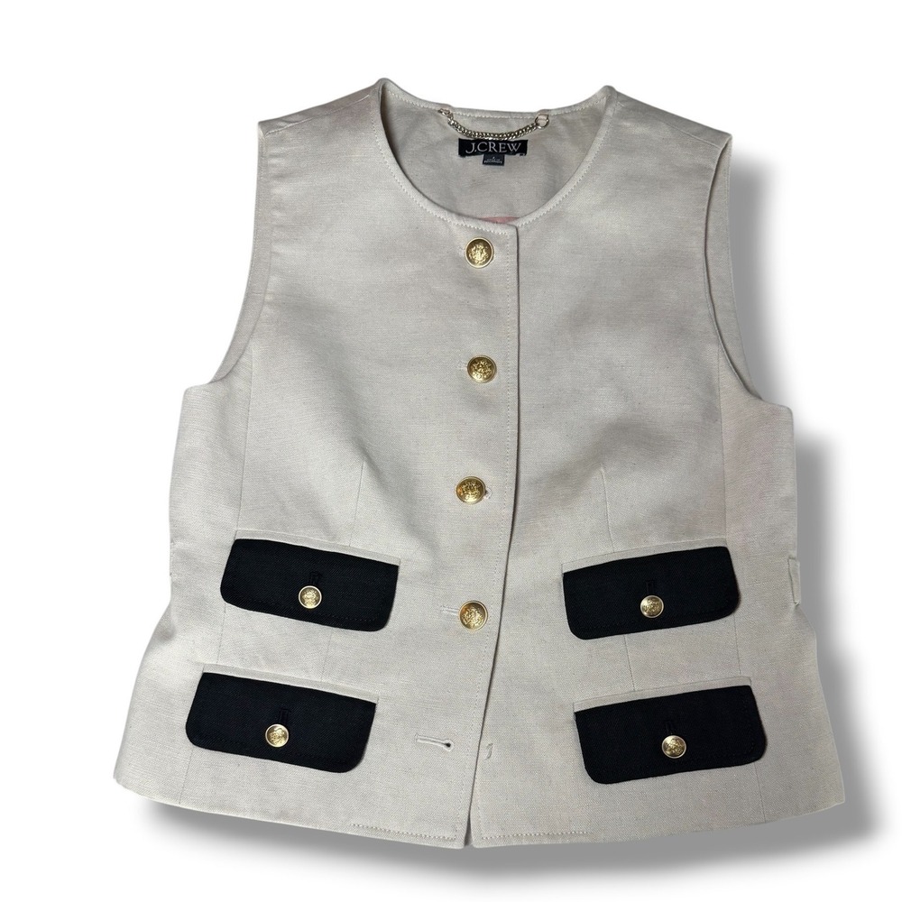 J.Crew Vest Women 4 Beige Linen Gold Button Contrast Pocket Preppy Old Money